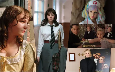Collage di film di Carey Mulligan: da giovane in abiti d'epoca a infermiera colorata, fino a scene di gala e un poster di "Maestro".