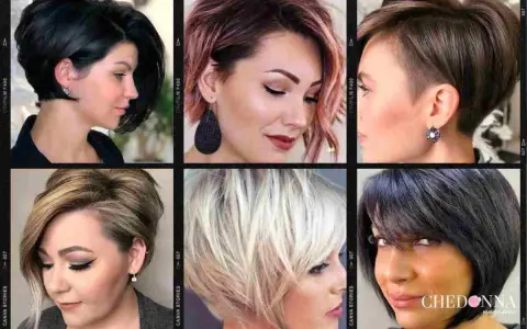 Sei donne con un paffuto taglio capelli viso tondo, sfoggiano pixie cut e bob asimmetrici in varie tonalità.