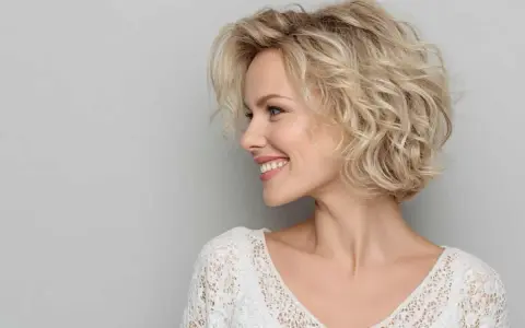 Donna sorridente con capelli biondi mossi, taglio **dietro sfumato caschetto corto**, indossa un top bianco in pizzo.