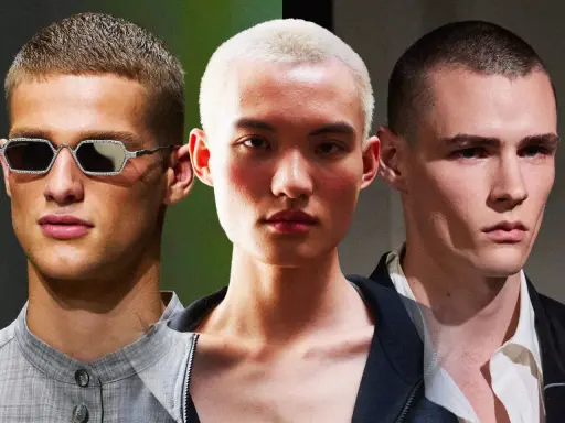 Tre volti con capelli cortissimi, un uomo con occhiali decorati, un altro con un taglio buzz cut donna, e un terzo con sguardo intenso.