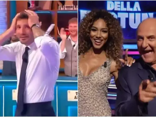 Il cast de La Favorita: un uomo con le mani tra i capelli, una donna sorridente e un uomo che indica.