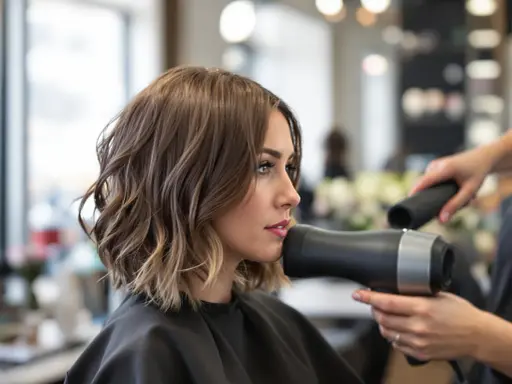 Donna con un taglio scalato medio corto, mentre il parrucchiere le asciuga i capelli con un phon.