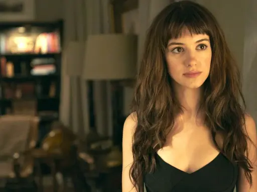 Marianne Sheridan, parte del cast di Normal People, con i suoi lunghi capelli castani e un'espressione pensierosa.