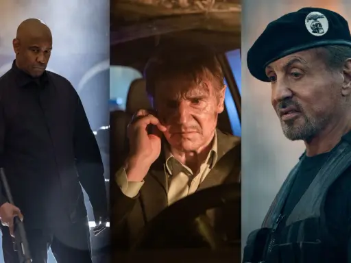 Denzel Washington, Liam Neeson e Sylvester Stallone in un collage di scene d'azione, anticipando "I mercenari 4".