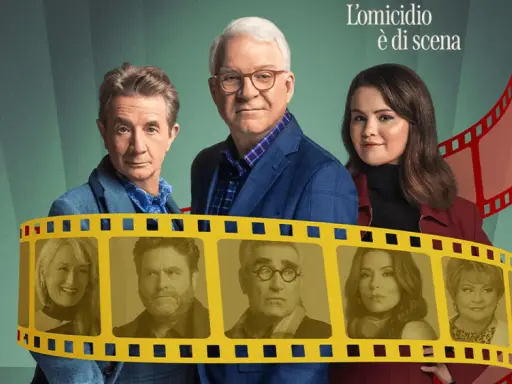 I protagonisti di Only Murders in the Building 4, tra cui Steve Martin, Martin Short e Selena Gomez, sono ritratti in un poster cinematografico.