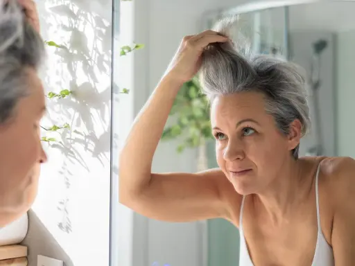 Donna si sistema i capelli grigi davanti allo specchio, cercando modi per camuffare i capelli bianchi senza tinta.