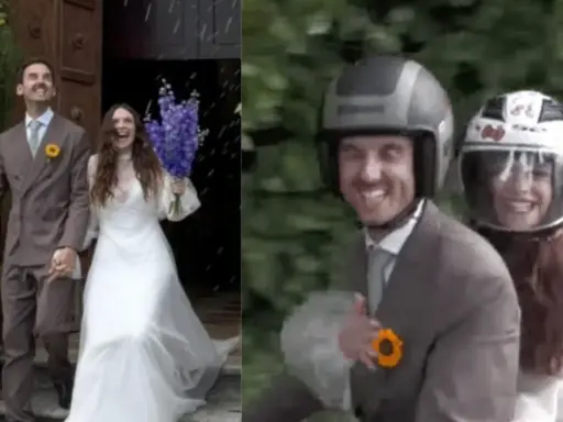 Coppia felice al suo matrimonio, con un bouquet di fiori e un giro in moto. Francesca Michielin festeggia il suo giorno speciale.