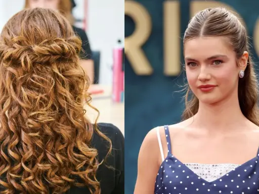 Capelli semi raccolti eleganti con ricci definiti e un'acconciatura laterale raffinata.