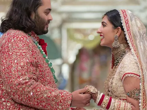 Anant Ambani matrimonio: la sposa sorride guardando lo sposo, entrambi vestiti con abiti tradizionali riccamente decorati.