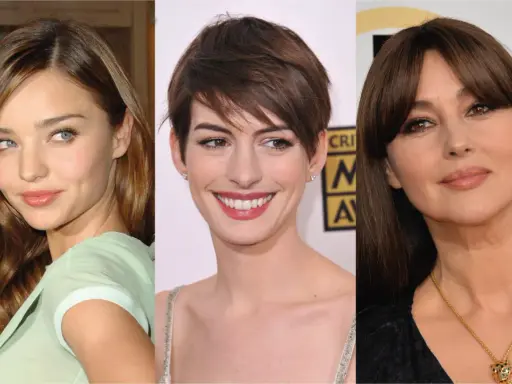 Tre visi femminili con diversi tipi di frangia: lunga e ondulata, corta e sfilata, e piena e dritta.