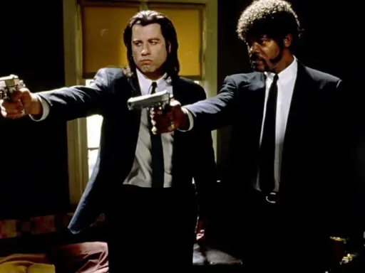 Due uomini in abito scuro puntano pistole, iconica scena da un film anni 90.