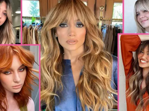 Cinque donne con capelli lunghi e mossi, tutte con una splendida frangia a tendina sfilata che incornicia i volti.
