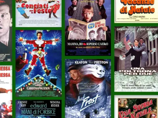 Un collage di locandine di film di Natale, tra cui "Una poltrona per due" e "Natale all'inferno".