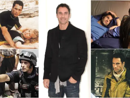 Collage di scene dai film e programmi TV di Raoul Bova: in spiaggia, in letto, in divisa da carabiniere e in un'avventura.