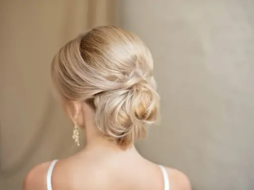 Chignon basso cerimonia con capelli biondi intrecciati, un'acconciatura elegante e raffinata per un'occasione speciale.