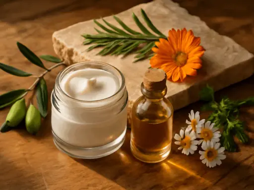 Crema bianca in vasetto, olio in boccetta, fiori e rametto d'ulivo, ingredienti perfetti per una maschera capelli fai da te naturale.