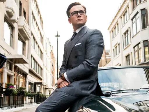 Taron Egerton, parte del cast di Kingsman 2, posa con eleganza su un'auto d'epoca, vestito in un impeccabile abito grigio.