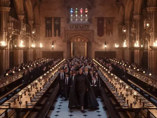 La Grande Sala di Hogwarts, con studenti in divisa e torce accese, pronta per una nuova avventura della **harry potter serie tv**.
