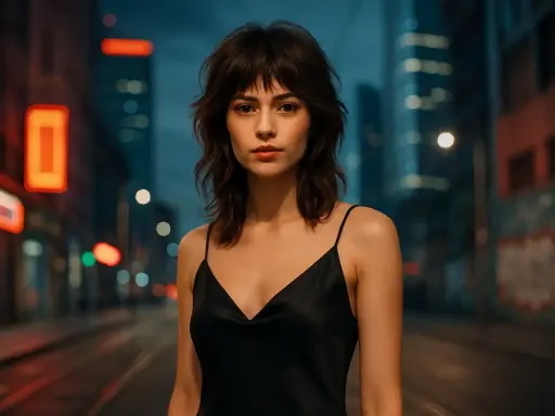 Ragazza con taglio wolf cut, abito nero, in strada di notte con luci sfocate.