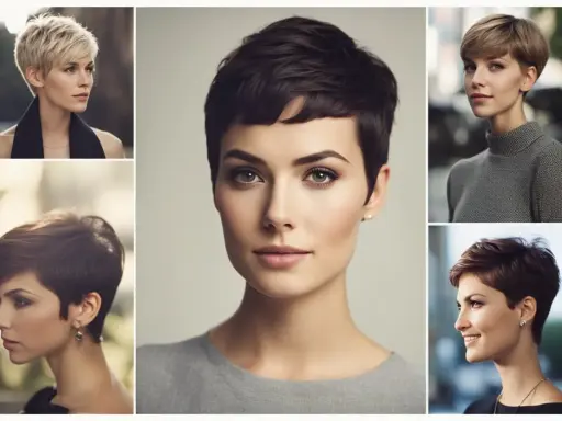 Cinque donne con un elegante pixie cut spettinato, ognuna con un look unico e sofisticato.