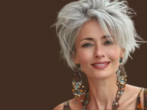 Donna sorridente con over 50 capelli corti mossi spettinati, orecchini etnici e un top colorato.