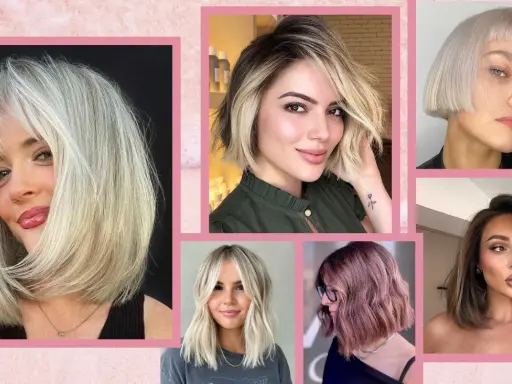 Sei donne con diversi tagli di capelli, tra cui un caschetto lungo scalato, mostrano stili moderni e chic.