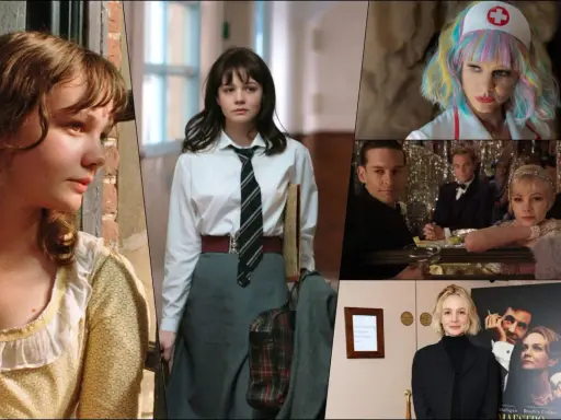 Collage di film di Carey Mulligan: da giovane in abiti d'epoca a infermiera colorata, fino a scene di gala e un poster di "Maestro".