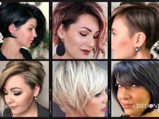 Sei donne con un paffuto taglio capelli viso tondo, sfoggiano pixie cut e bob asimmetrici in varie tonalità.