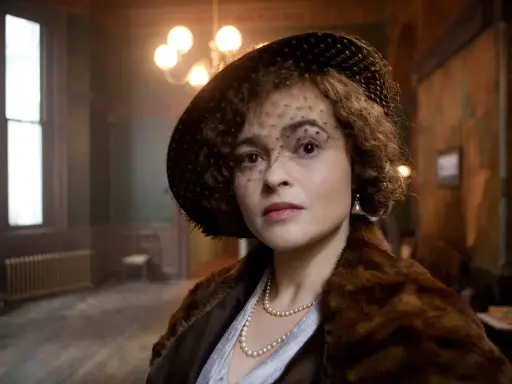 Helena Bonham Carter, con cappello e velo, indossa una pelliccia e perle. Scena da un film.