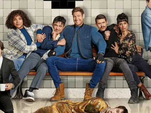 Il cast di Umbrella Academy 4 seduto su una panchina, con uno sdraiato a terra.