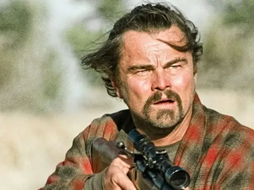 Leonardo DiCaprio con fucile, in un film di sopravvivenza. Capelli mossi dal vento, sguardo intenso, camicia a quadri.