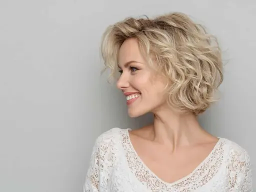 Donna sorridente con capelli biondi mossi, taglio **dietro sfumato caschetto corto**, indossa un top bianco in pizzo.