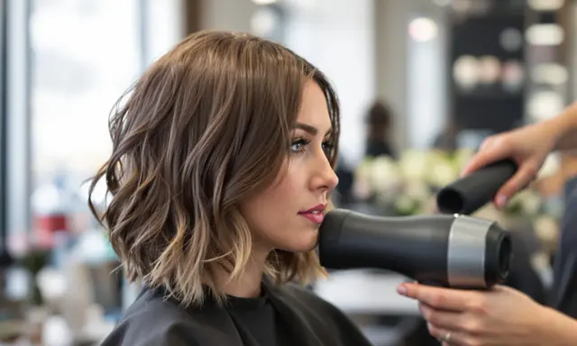 Donna con un taglio scalato medio corto, mentre il parrucchiere le asciuga i capelli con un phon.
