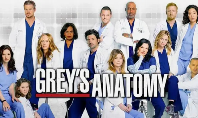 Il cast di Grey's Anatomy 22, con medici in camice bianco e blu, pronto per nuove sfide al Seattle Grace Hospital.