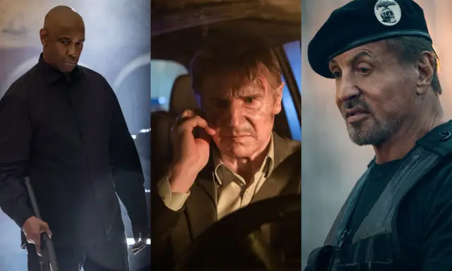 Denzel Washington, Liam Neeson e Sylvester Stallone in un collage di scene d'azione, anticipando "I mercenari 4".