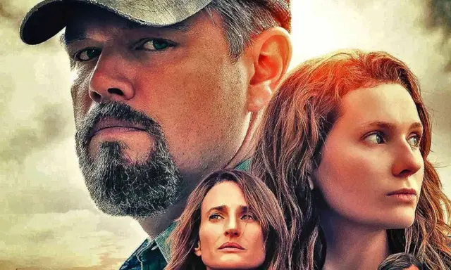 Il volto intenso di un uomo con barba e cappello domina l'immagine, affiancato da due donne. Una di loro, con capelli rossi, sembra la ragazza di Stillwater.
