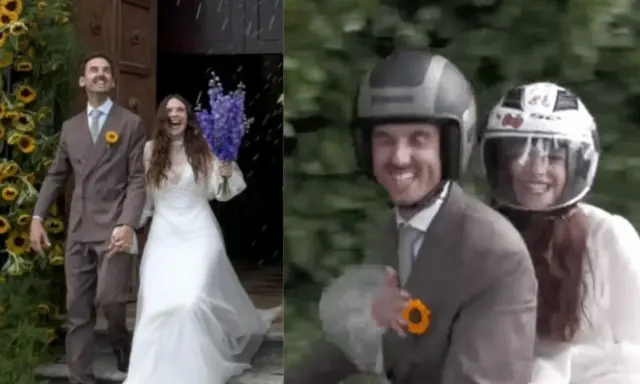 Coppia felice al suo matrimonio, con un bouquet di fiori e un giro in moto. Francesca Michielin festeggia il suo giorno speciale.