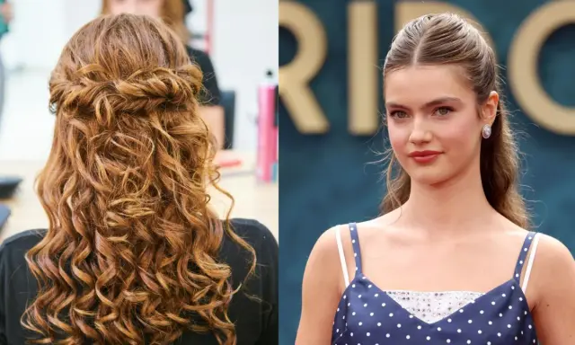 Capelli semi raccolti eleganti con ricci definiti e un'acconciatura laterale raffinata.