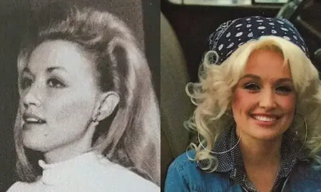 Dolly Parton senza parrucca, in un ritratto in bianco e nero e uno a colori con bandana.