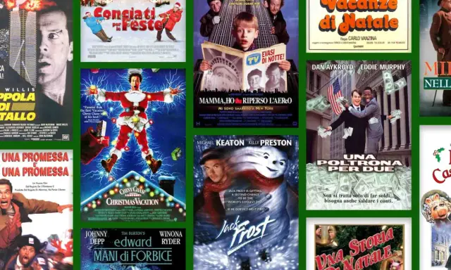 Un collage di locandine di film di Natale, tra cui "Una poltrona per due" e "Natale all'inferno".