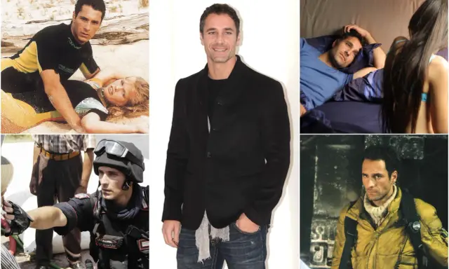 Collage di scene dai film e programmi TV di Raoul Bova: in spiaggia, in letto, in divisa da carabiniere e in un'avventura.