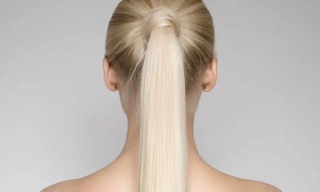 Vista posteriore di una donna con una **coda alta gonfia davanti**, capelli biondi lisci e spalle scoperte.
