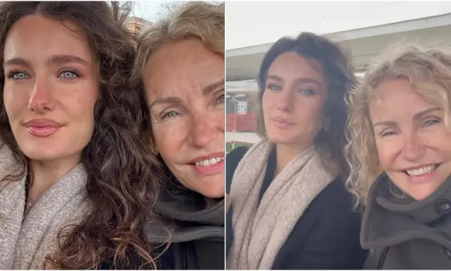 Liala, figlia di Licia Colò, sorride accanto alla madre. Entrambe indossano sciarpe calde.