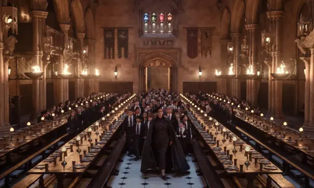 La Grande Sala di Hogwarts, con studenti in divisa e torce accese, pronta per una nuova avventura della **harry potter serie tv**.