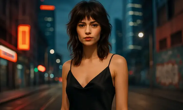 Ragazza con taglio wolf cut, abito nero, in strada di notte con luci sfocate.