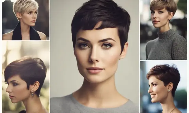 Cinque donne con un elegante pixie cut spettinato, ognuna con un look unico e sofisticato.