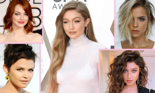 Cinque donne con diversi tagli di capelli. Un'idea per un taglio capelli viso cicciotto è il caschetto mosso o un pixie cut sfilato.