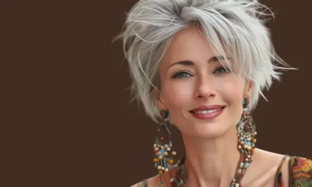 Donna sorridente con over 50 capelli corti mossi spettinati, orecchini etnici e un top colorato.