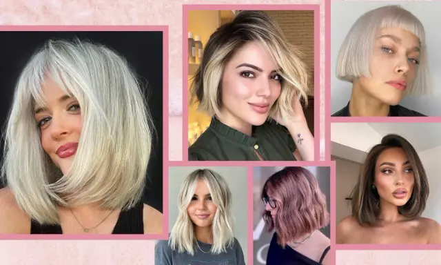 Sei donne con diversi tagli di capelli, tra cui un caschetto lungo scalato, mostrano stili moderni e chic.