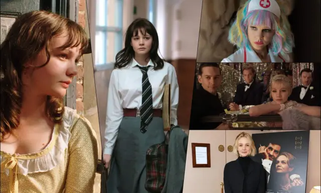 Collage di film di Carey Mulligan: da giovane in abiti d'epoca a infermiera colorata, fino a scene di gala e un poster di "Maestro".